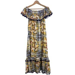 River Island Maxi Dress, Size S Off The Shoulder Pom Pom Citrus Print Boho Gypsy